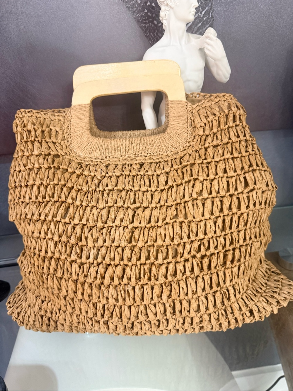 Woven Straw Tote Bag with Wooden Handle - Tan - Picture 4 of 6